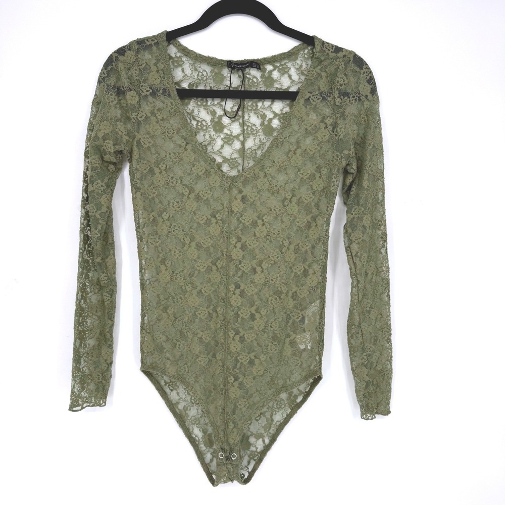 STRADIVARIUS Olive Green Lace Long Sleeve V Neck Bodysuit M Stretch‎ Sheer Layer